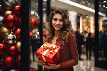 Fototapeta na wymiar Christmas sales concept. Scandinavian young woman in with a Christmas gift in a mall. She is looking at camera and smiling.
