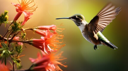 Fototapeta premium A small multicolored hummingbird hovered in flight near the flowers.