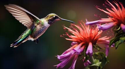 A small multicolored hummingbird hovered in flight near the flowers.