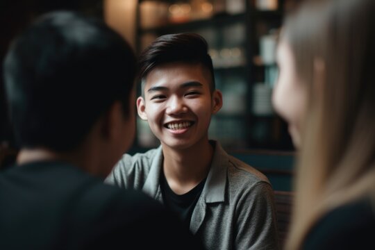 An Asian smiling teenager adolescent spending time with friends, engaged in conversation or laughter in a coffee shop, social connections, enjoyment of friendships. Generative AI