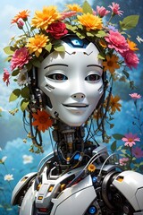 Floral Embrace Capturing the Joyful Grin of a Botanical Robot Ai Generative