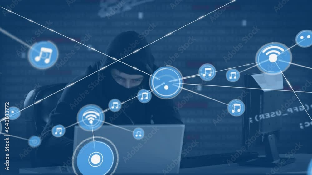 Aufkleber animation of connected wifi and music icons, coding, caucasian computer hacker using computer
