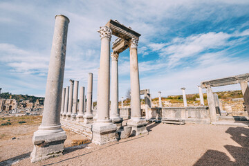 Exploring the ancient heritage of Perge in Antalya, Turkey. The Greek temple's majestic ruins and...