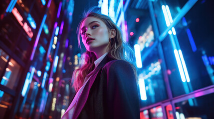 Obraz premium Empowered Urban Futurism: Confident Woman Amidst Neon Lights, Generative AI
