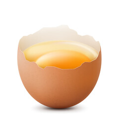 Broken chicken egg half with a yolk isolated on a white background. Raw ?hicken egg smashed. Healthy diet. Realistic 3d vector illustration