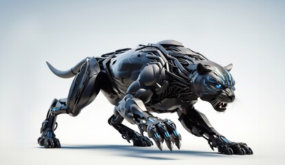 Fototapeta premium Artificial model of panther / Futuristic robotic beast of prey isolated on white background. AI generated