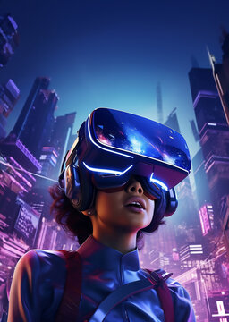 A stylish girl african american in a VR headset and headphone against the background of a night city. girl in viar glasses, virtual reality glasses. AI generated