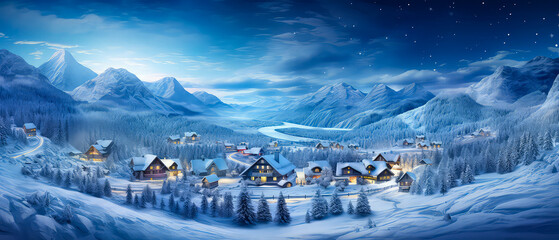 Winter Christmas landscape. Countryside view. Christmas holidays greeting card. Vacations concept with snowy hills, houses. Mountains ski resort, hotel. Winter scenery illustration. Generative AI