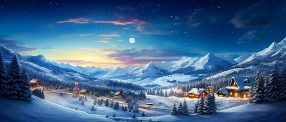 Fototapeta na wymiar Winter Christmas landscape. Countryside view. Christmas holidays greeting card. Vacations concept with snowy hills, houses. Mountains ski resort, hotel. Winter scenery illustration. Generative AI