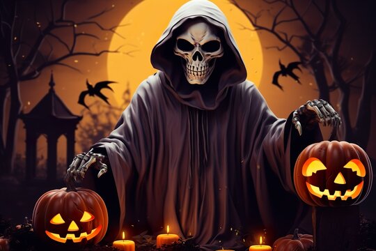 Realistic halloween background illustration of skeleton full moon on halloween night  