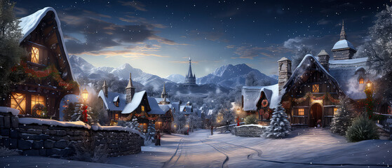 Winter Christmas landscape. Countryside view. Christmas holidays greeting card. Vacations concept with snowy hills, houses. Mountains ski resort, hotel. Winter scenery illustration. Generative AI