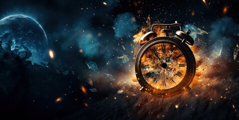 Burning alarm clock on fire background. Time is running out concept.  - obrazy, fototapety, plakaty