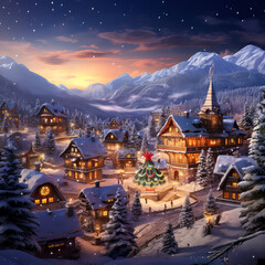 Winter Christmas landscape. Countryside view. Christmas holidays greeting card. Vacations concept with snowy hills, houses. Mountains ski resort, hotel. Winter scenery illustration. Generative AI