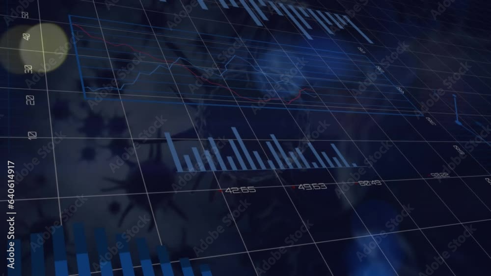 Poster animation of multiple graphs and numbers with grid moving over biological cells and lens flare