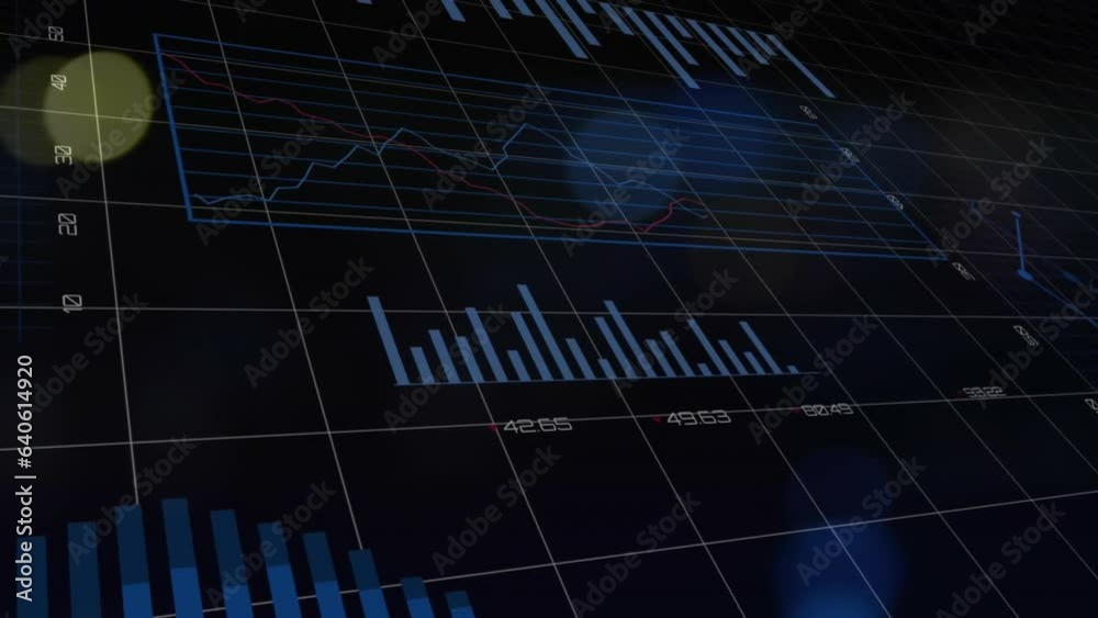Poster animation of multiple graphs and changing numbers with grid over illuminated lens flare