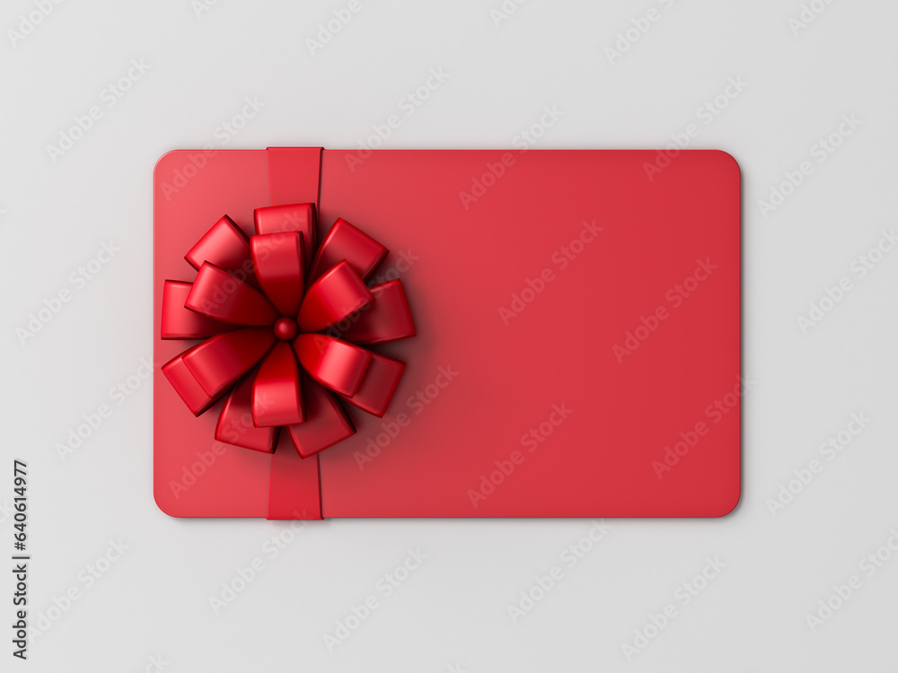 Poster Blank red gift card or gift voucher with red ribbon bow isolated on gray background with shadow minimal conceptual 3D rendering