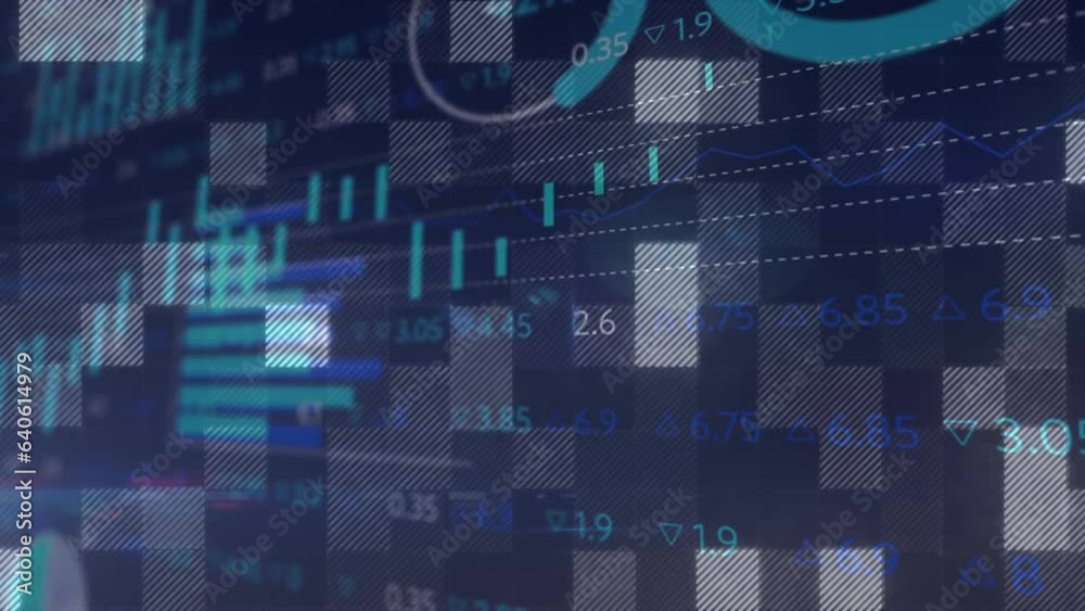 Poster animation of multiple graphs and changing numbers moving on illuminated square shapes
