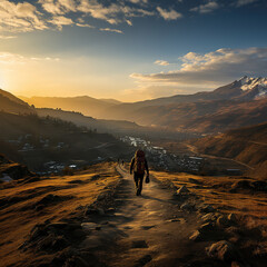 Backpacker with a nice countryside nature scenery. Created with generative AI technology.