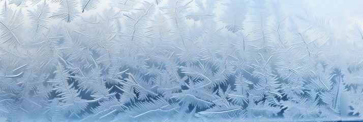 Winter iced pattern on frozen window glass, macro frosty crystals ornament. Long banner