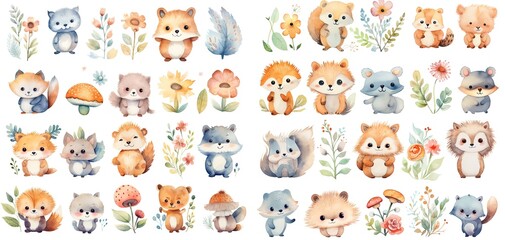watercolor painting style illustration cartoon of baby animals with leaves and flower, squirrel, raccoon, bear, badger, set collection, Generative Ai