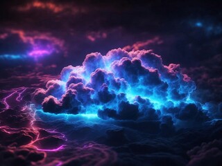 bright light inside the stormy cloud on the dark sky, neon background