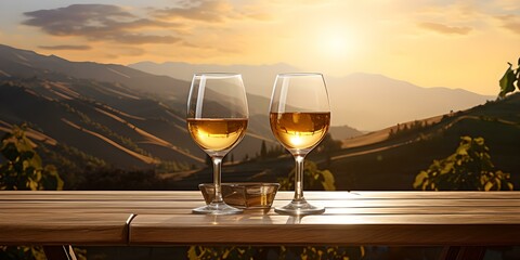 Romantischer Abend im Weinberg: Weinglas auf dem Tisch - obrazy, fototapety, plakaty
