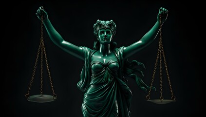 Symbole der Gerechtigkeit: Grün oxidierte Justizia mit Waage und Schalen