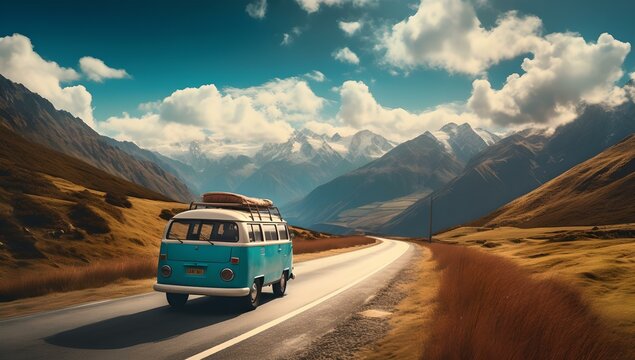 Nostalgische Reise: Alter Camper Bulli im Sonnenuntergang in den Bergen