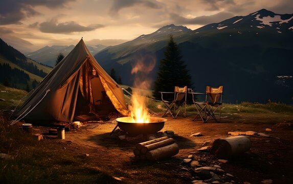 Abenteuer in der Wildnis: Zeltplatz mit Lagerfeuer in der Natur