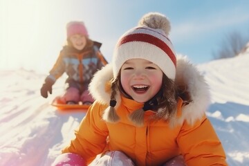 Fototapeta na wymiar Happy little brother and cute sister enjoying sleigh ride. Smiling children sitting on the sled. Children play with bobsled outdoors in snow. Winter vacation concept.