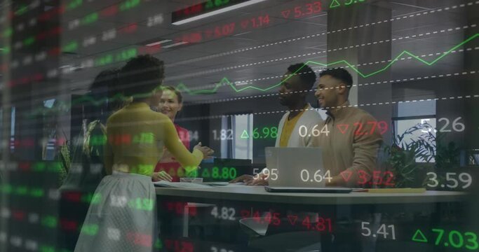 Animation of stock market data processing over diverse colleagues stacking their hands at office