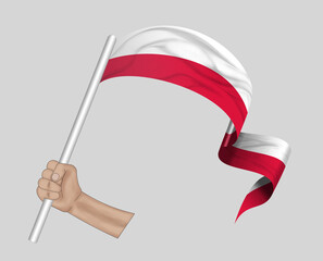 3D illustration. Hand holding flag of Poland on a fabric ribbon background.