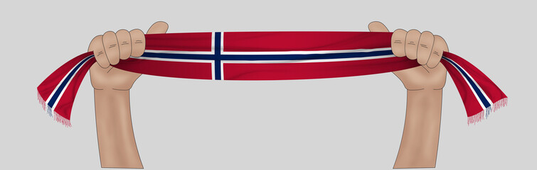 3D illustration. Hand holding flag of Norway on a fabric ribbon background.