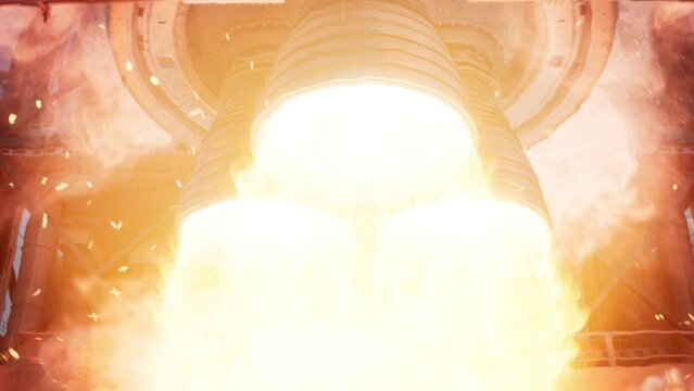 Space Exploration Rocket Launch. Close-up shot of Rocket Engine Ignition. Powerful and Hot Flames Burst out of the Nozzle after Initial Impulse. Vertival Takeoff of a Rocket
