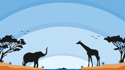World Wildlife Day with silhouettes of animals, Simple savanna background with copy space area, Can be used to put content or text