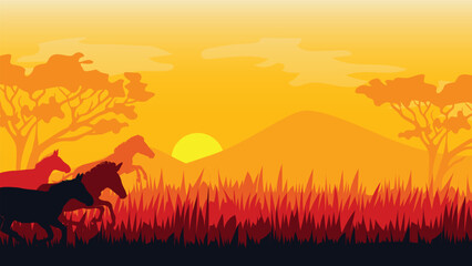 Fototapeta na wymiar World Wildlife Day with silhouettes of Zebras, Simple savanna background, Orange gradient background, Sunset background, Animals background