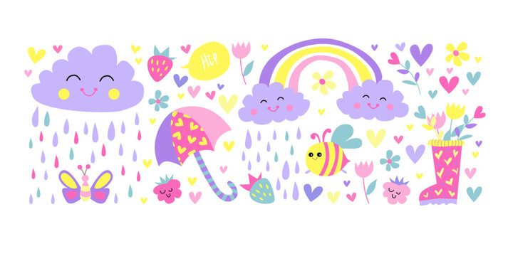Cute rainy elements set. Childish flat vector illustration collection. Rainy clouds and rainbow isolated on white background.