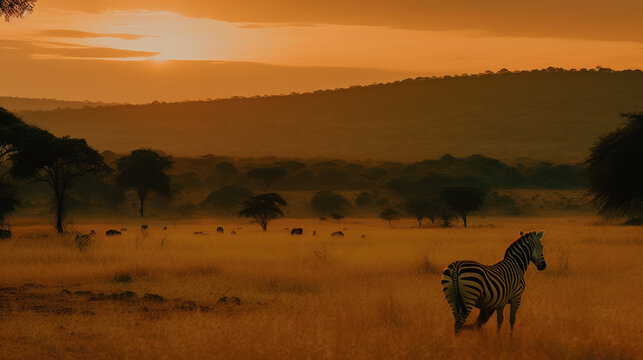Africa sunset. Plains zebra, Equus quagga, in the grassy nature habitat with evening light in Lake Mburo NP in Uganda. Sunset in savanah. Animals with big trees.