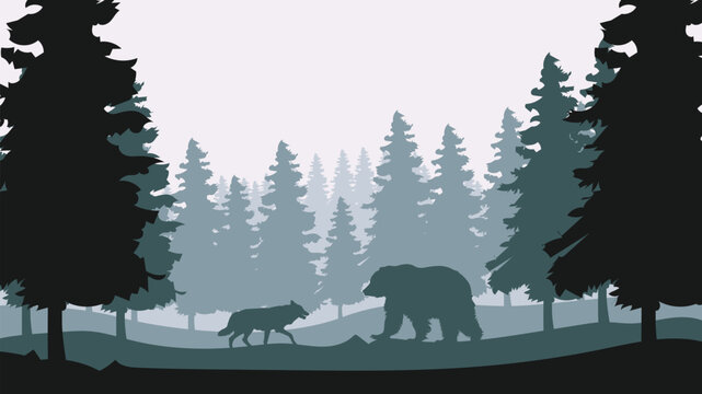 World Wildlife Day with silhouettes of bear and wolf, Simple snowy forest background, Gradient background, Spruce tree in snowy season background