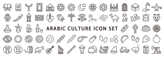 Big set of arabic culture icon (Thin line version)