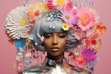 Paper collage of image of black woman with sharp bob haircut blue hair head with flowers, pastel iridescent colors, holographic foil