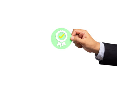 The best quality symbol assurance for a product, service, and ISO certification on a hand businessman