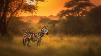 Africa sunset. Plains zebra, Equus quagga, in the grassy nature habitat with evening light in Lake Mburo NP in Uganda. Sunset in savanah. Animals with big trees. - obrazy, fototapety, plakaty