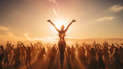 Silhouette of large group of people dancing outdoor at music festival, Generative Ai illustration