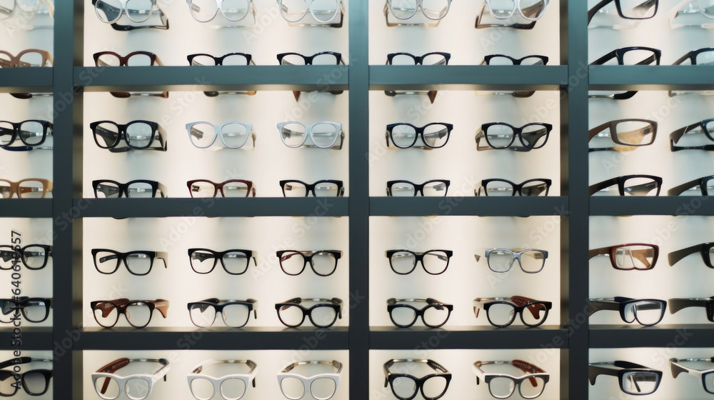 Wall mural wall of eyeglasses in white store