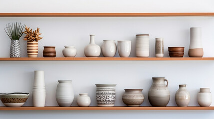 Fototapeta na wymiar Various clay vases placed on shelf against white background