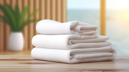 Fototapeta na wymiar White clean towels on wooden table in bathroom