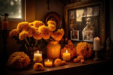 Composition featuring an ofrenda (altar) adorned with marigolds, candles, and photographs of loved ones. The importance of honoring and remembering the deceased. Generative AI. - obrazy, fototapety, plakaty