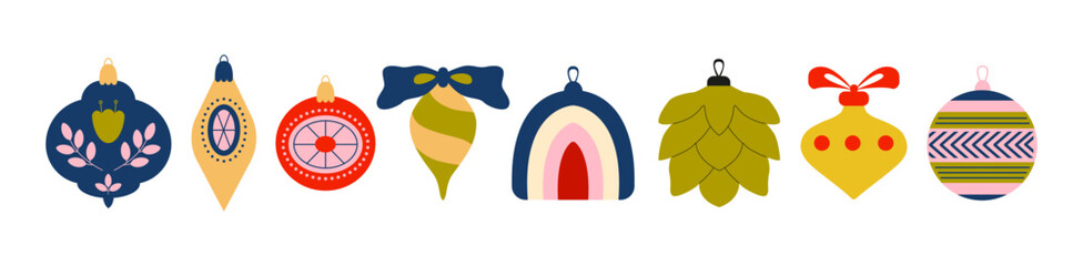 Set of retro Christmas tree decorations, balls, toys, baubles. Modern vintage Christmas. Scandinavian x-mas holidays. New Year. Playful stickers, icons, symbols.