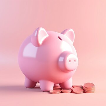 piggy bank 3d render with coins pink ai generate